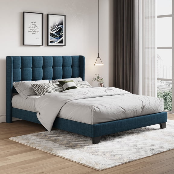 Amolife Queen Size Platform Bed with Wingback Headboard, Square Stitched Style, Blue