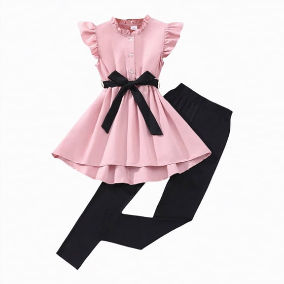 CAICJ98 Girls Summer Outfit Set Ruffle Sleeve Stylish Top and Solid Pants for Casual Beach School Wear Kids Spring Clothes (Pink,9-10 Years)