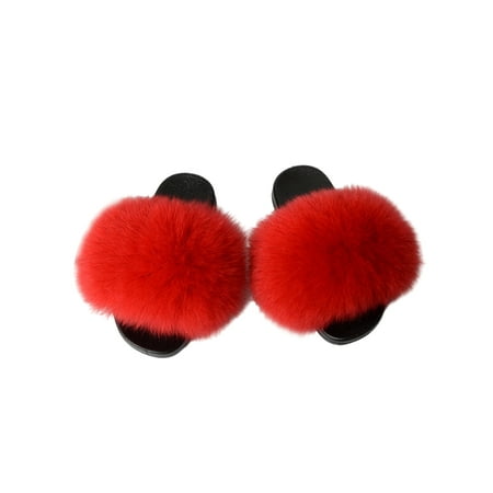 

Fangasis Child Fuzzy Slippers Anti-Slip Plush Slipper Cozy Fluffy Slides Girls Flat Sandals Winter Lightweight Open Toe Red 8C