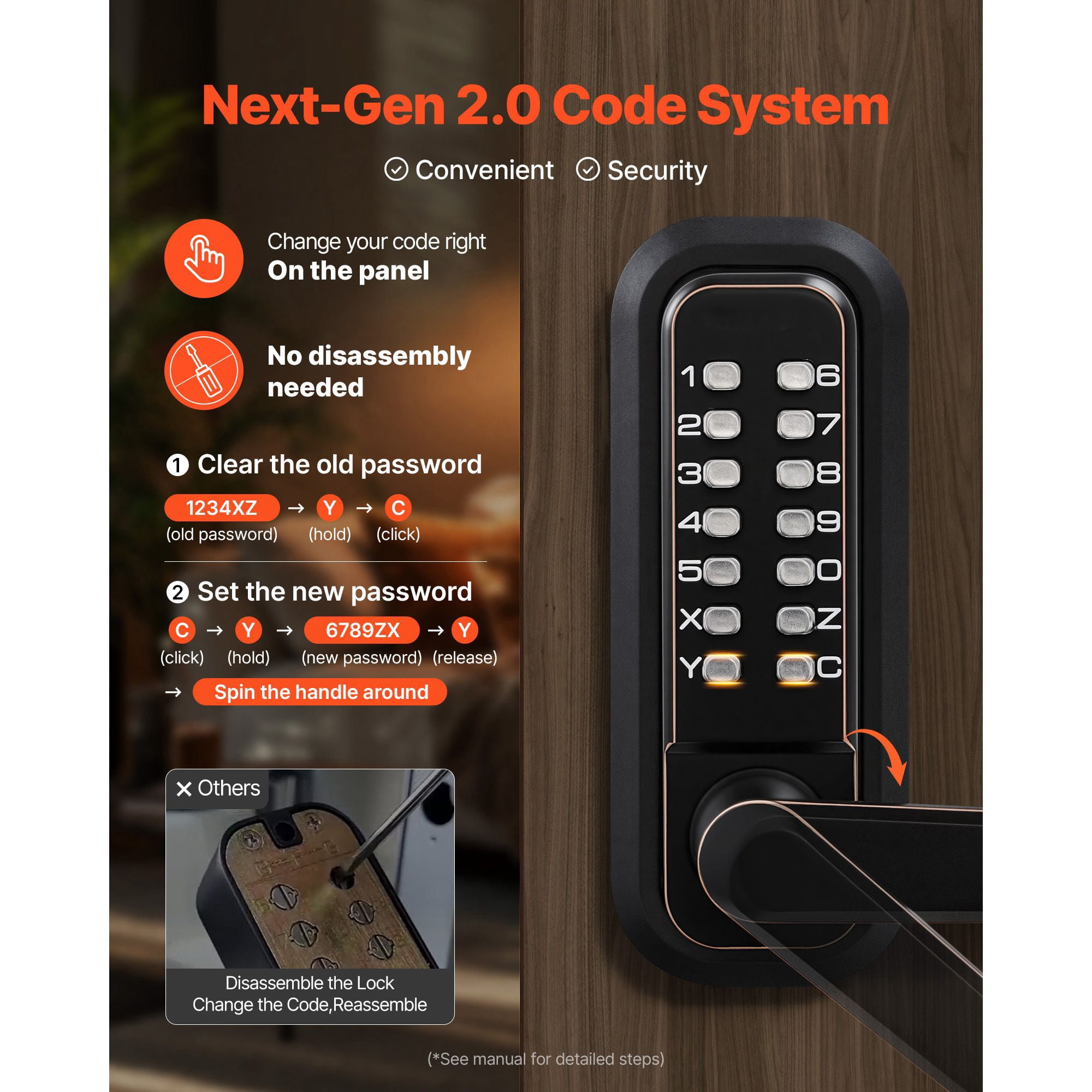Mechanical Keyless Door Lock Gen2 Single-Sided 4-7 Digit Code No Batteries 1.4-2.5 Inch Door Thickness for Front Gate Garden Garage