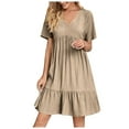 thumbnail image 2 of Summer Dresses for Women under $10! Xqxayjr 2025 Summer Dresses for Women Tiered A Line Pleated Fashion Cocktail Dress V Neck Short Sleeve Flowy Swing Trendy Beach Party Dresses, 2 of 9