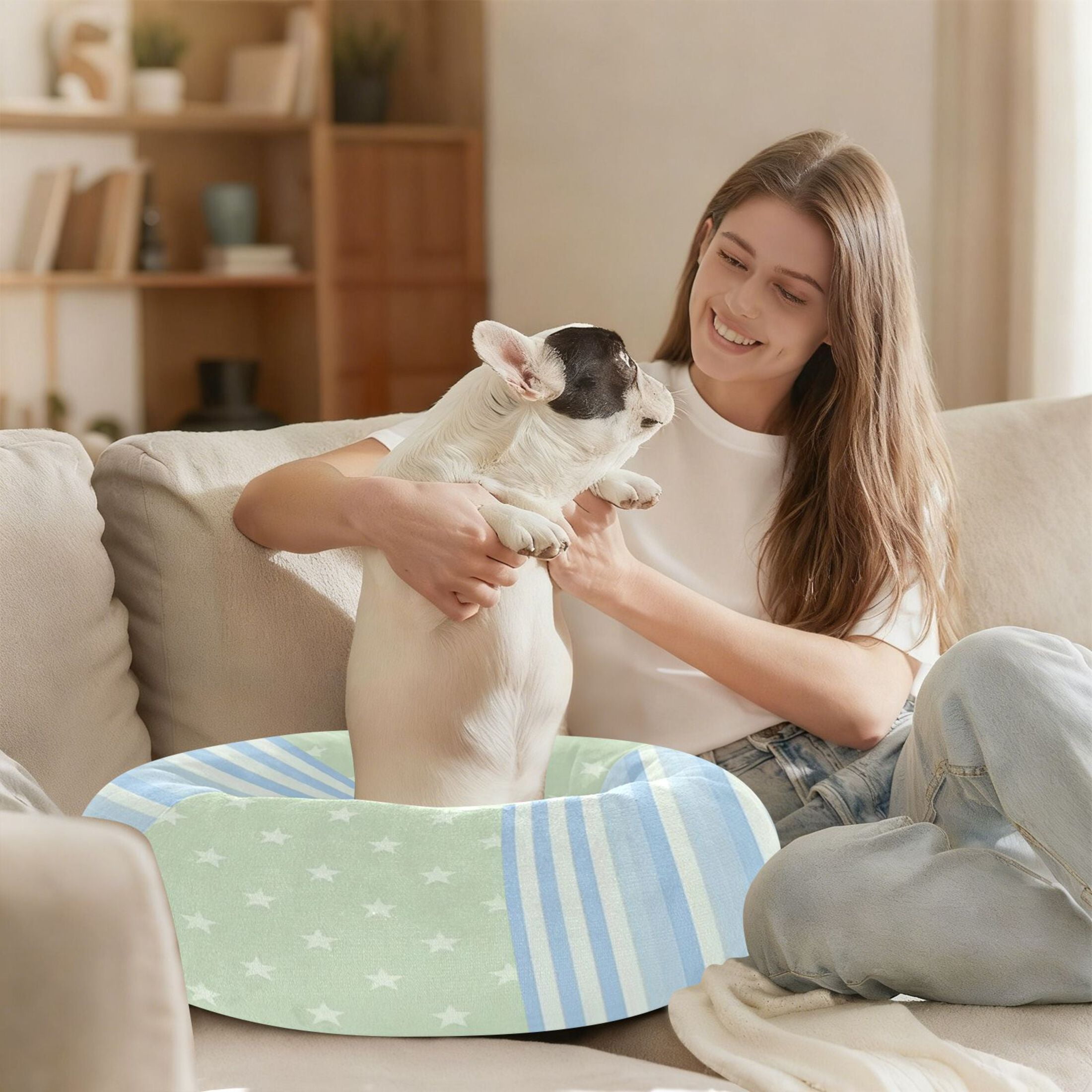 Iauyy Pet Couch Donut Cat Bed for Indoor Cats/Small Dogs Washable & Machine with Non-slip Bottom Calming Cat Furniture, Vertical Striped Light Blue (M)