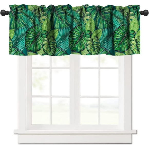 Leaf Valance Curtain Tropical Jungle Rainforest Leaves Palm Tree Plants Wild Botanical Rod Pocket Valance Window Treatments 1 Panel Short Curtains for Kitchen Farmhouse Decor 54x18 in