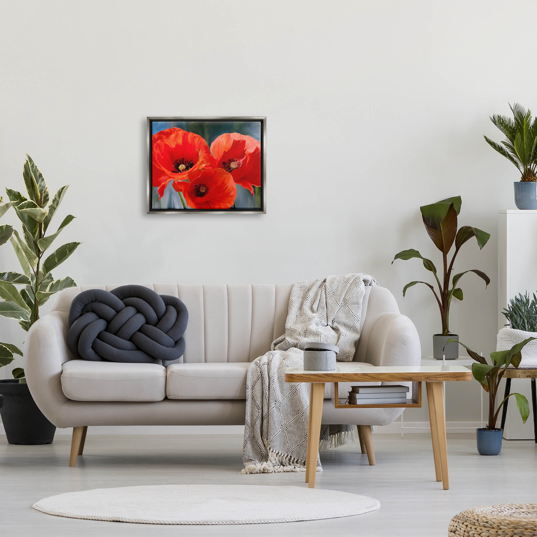 Bold Red Poppy Flower Trio Botanical & Floral Painting Luster Gray Framed Art Print Wall Art