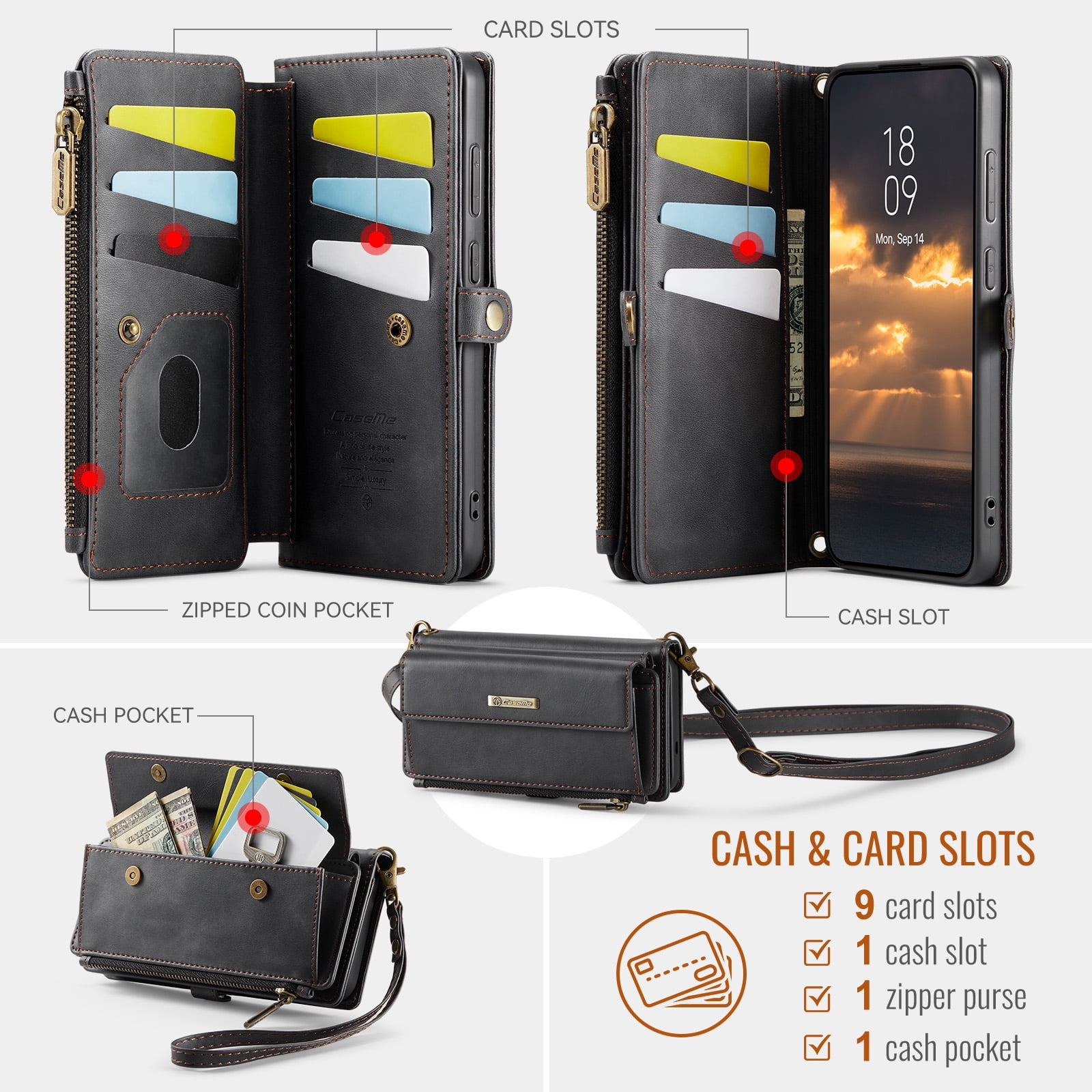 Decase Wallet Case for iPhone 16,Magnetic Flip Zipper Pocket PU Leather Phone Cover,Crossbody Flip Cover with RFID Card Slots,Black