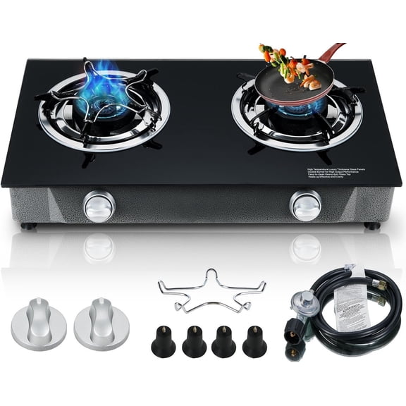 Stove 2 Burner Gas Stove   26000 BTU Tempered Glass  Burner LPG with CSA Hose for Outdoor Cooking,