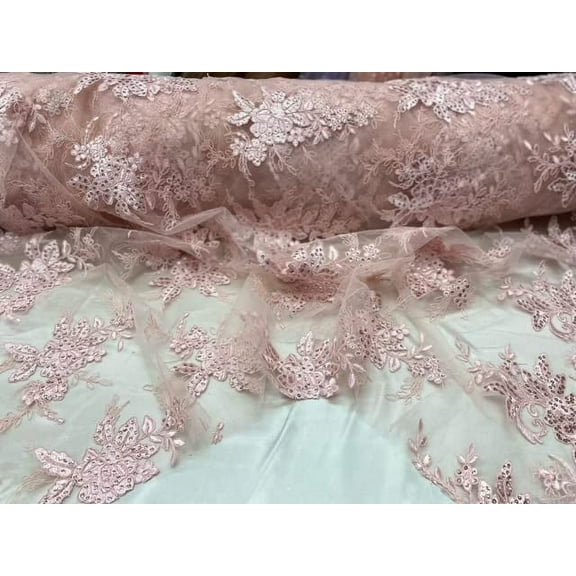 Valentina Textile Inc Sequin lace Fabric with embroderies on mesh VT-17(1 Yard, Blush)
