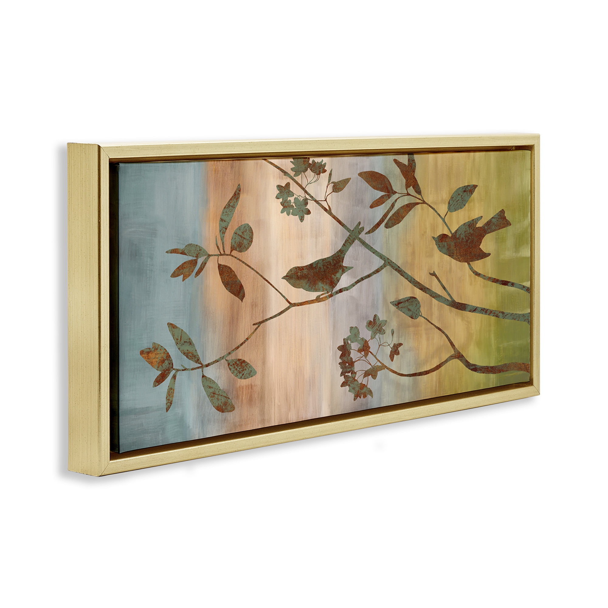 Stupell Industries Collaged Bird Nature Silhouette Botanical & Floral Painting Gold Floater Framed Canvas Art Print Wall Art, 25 x 11