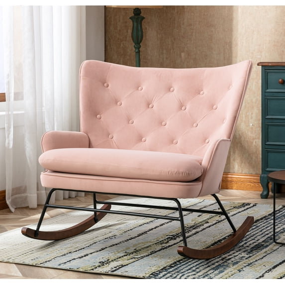 Upholstered Armchair Single Sofa Accent Glider Rocker Nursery Rocking Chair Fabric Padded Seat with High Backrest and Armrest Accent Chair for Living Room Bedroom Offices(Pink)