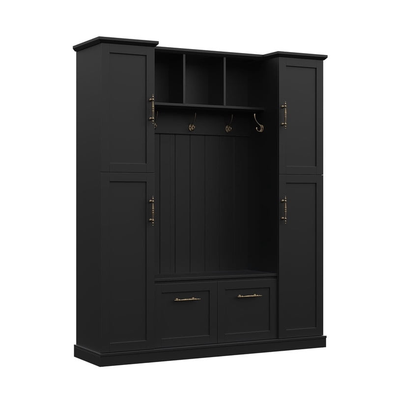Farmhouse Hall Tree with 4 Side Cabinets, All-in-One Entryway Bench with Coat Rack & 5 Hooks, All-in-One Coat Rack with Adjustable Shelves & Open Cubbies
