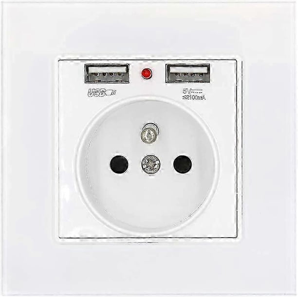 Power Socket Glass Panel French Standard Wall with Power Indicator Dual Usb Charging 2.1A,16A 250V White