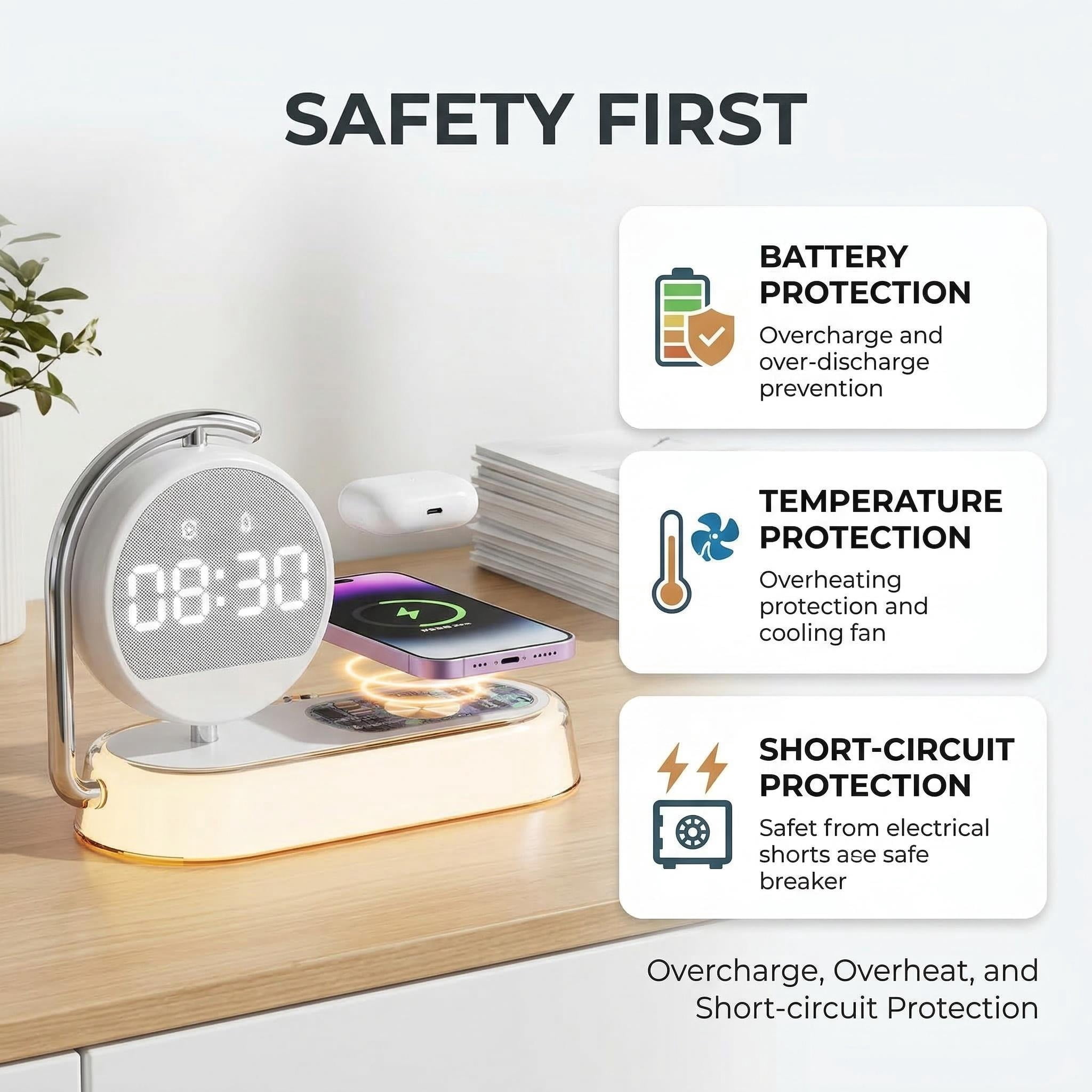 Wireless Charging Alarm Clock: 5-in-1 with 15W Fast Wireless Charger, 360° Rotatable Display, Touch-Dimmable Night Light. USB-C Powered, Safe for Bedroom/Office.