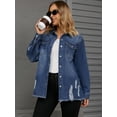 thumbnail image 2 of Unique Bargains Women's Frayed Hem Long Sleeve Lightweight Denim Jacket S Blue, 2 of 7