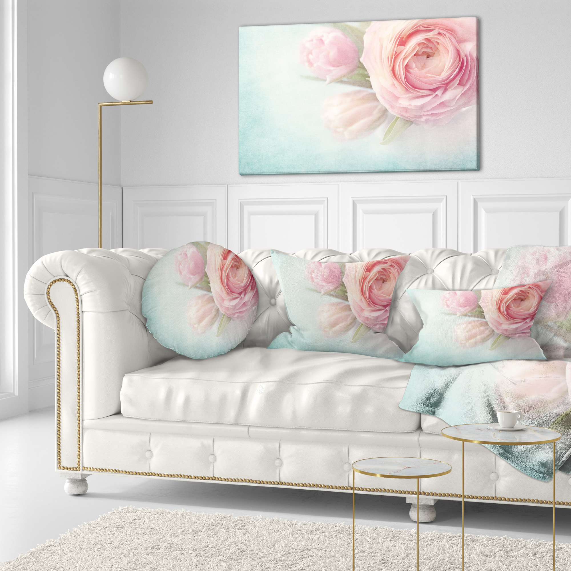 Designart Pink Flowers against Blue Background - Floral Throw Pillow - 12x20