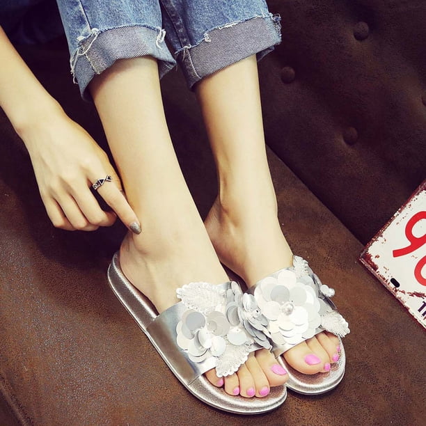 Zapatos planos de color sólido con zapatillas de flores grandes con lentejuelas a la moda de verano para mujer Wmkox8yii hj789