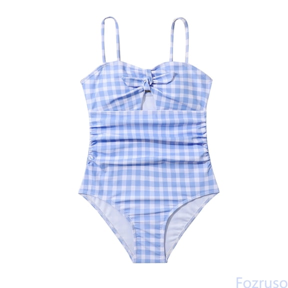 Fozruso Summer Swimsuit Skintight Bodysuit Bikini For Girl 2024 New Girls Swimwear Swimsuit Children's Blue Plaid Bikini One-Piece Bathing Suit Sizes 7-8 Years