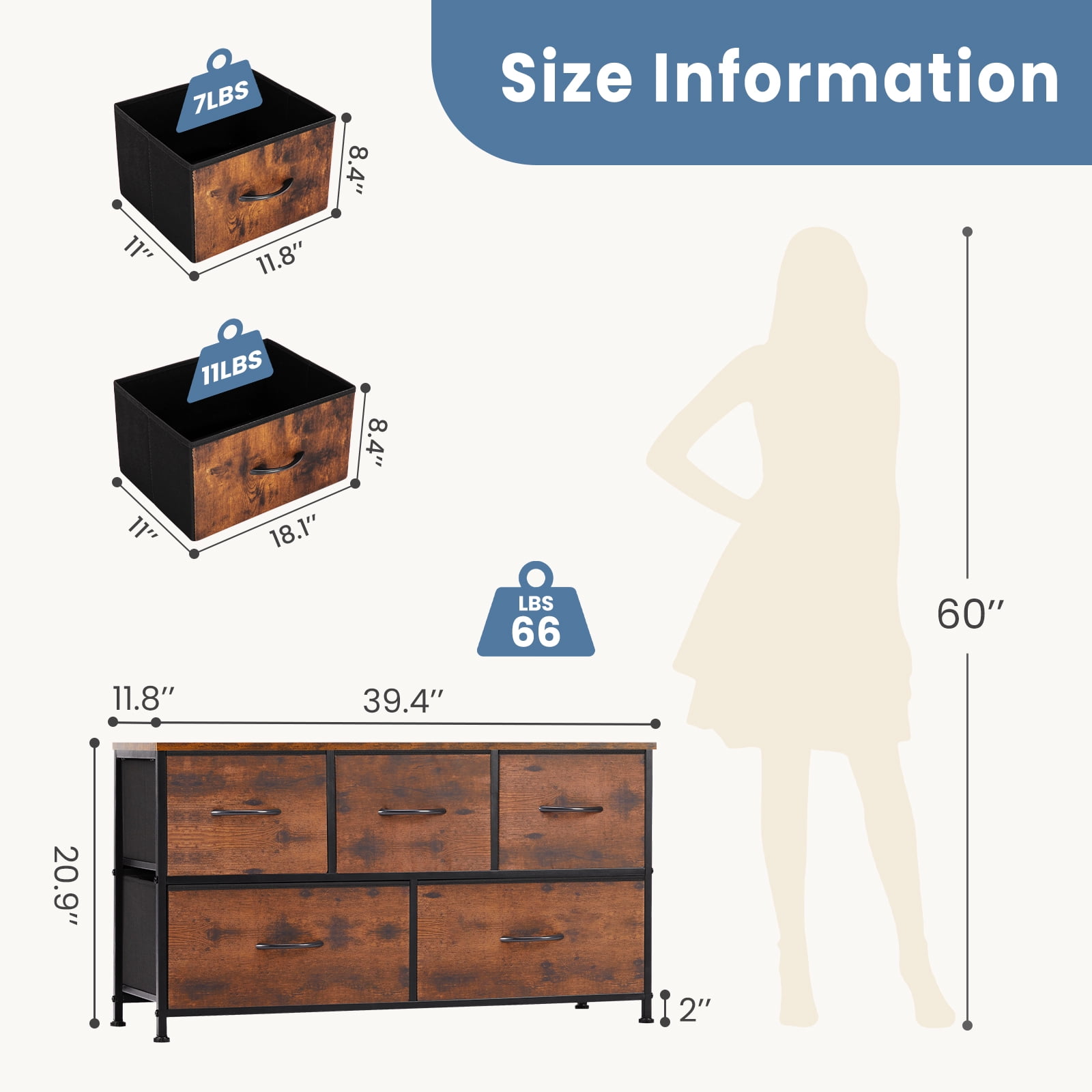 CONCETTA Dresser 5 Fabric Storage Drawer Dresser, TV Stand, Chest of Drawers for Bedroom, Closet, Entryway, Living Room, Rust