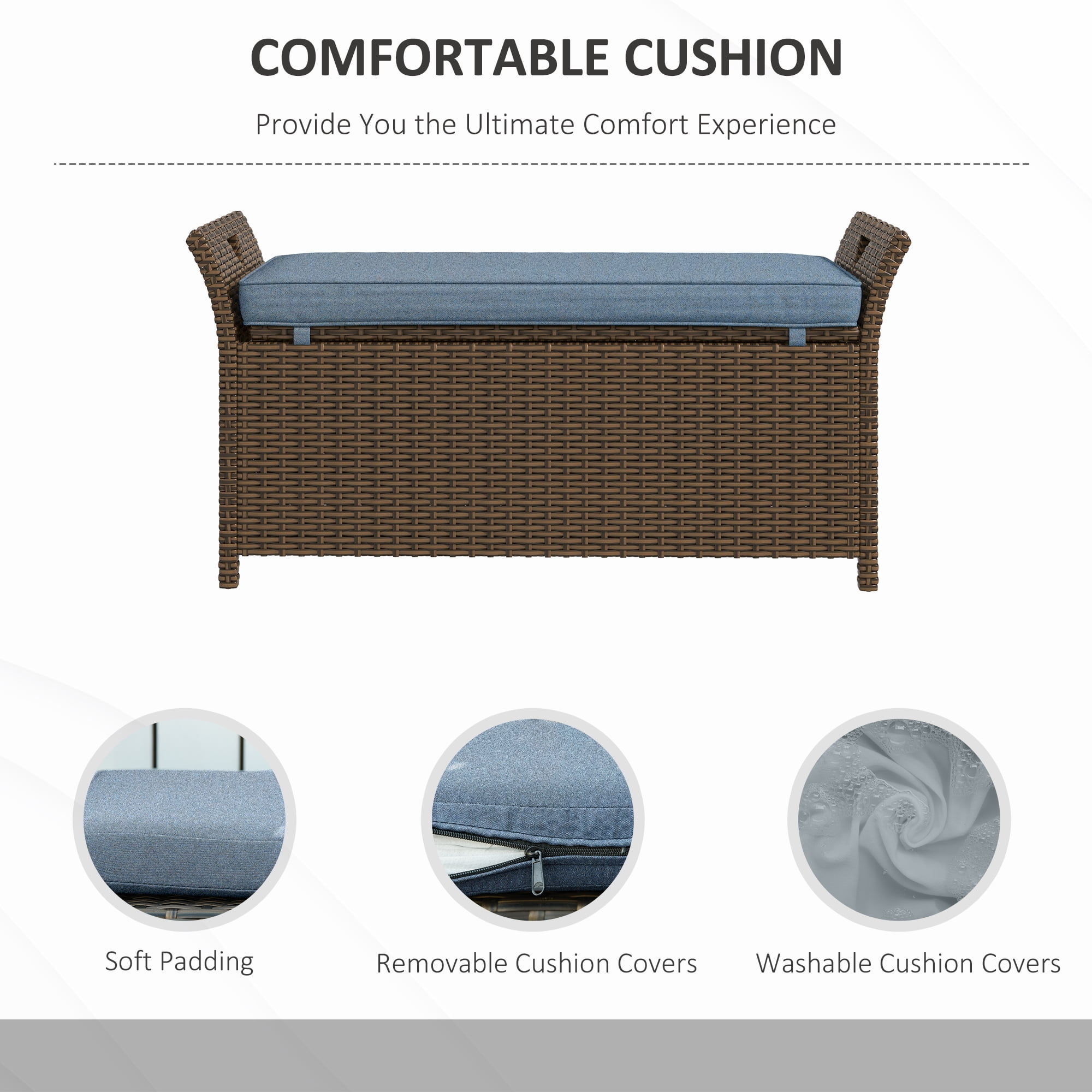 Aimee Lii 27 Gallon Patio Wicker Storage Bench, 2-In-1 Large Capacity Rectangle Garden Storage Box with Handles and Cushion, Outdoor Rattan Patio Furniture, Blue