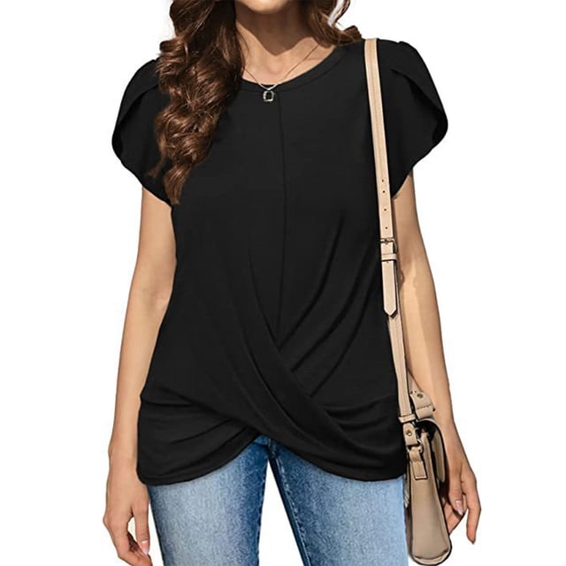 Camiseta de manga corta con cuello redondo para mujer, Tops de manga de pétalo con dobladillo fruncido, elegantes, holgados, de Color sólido