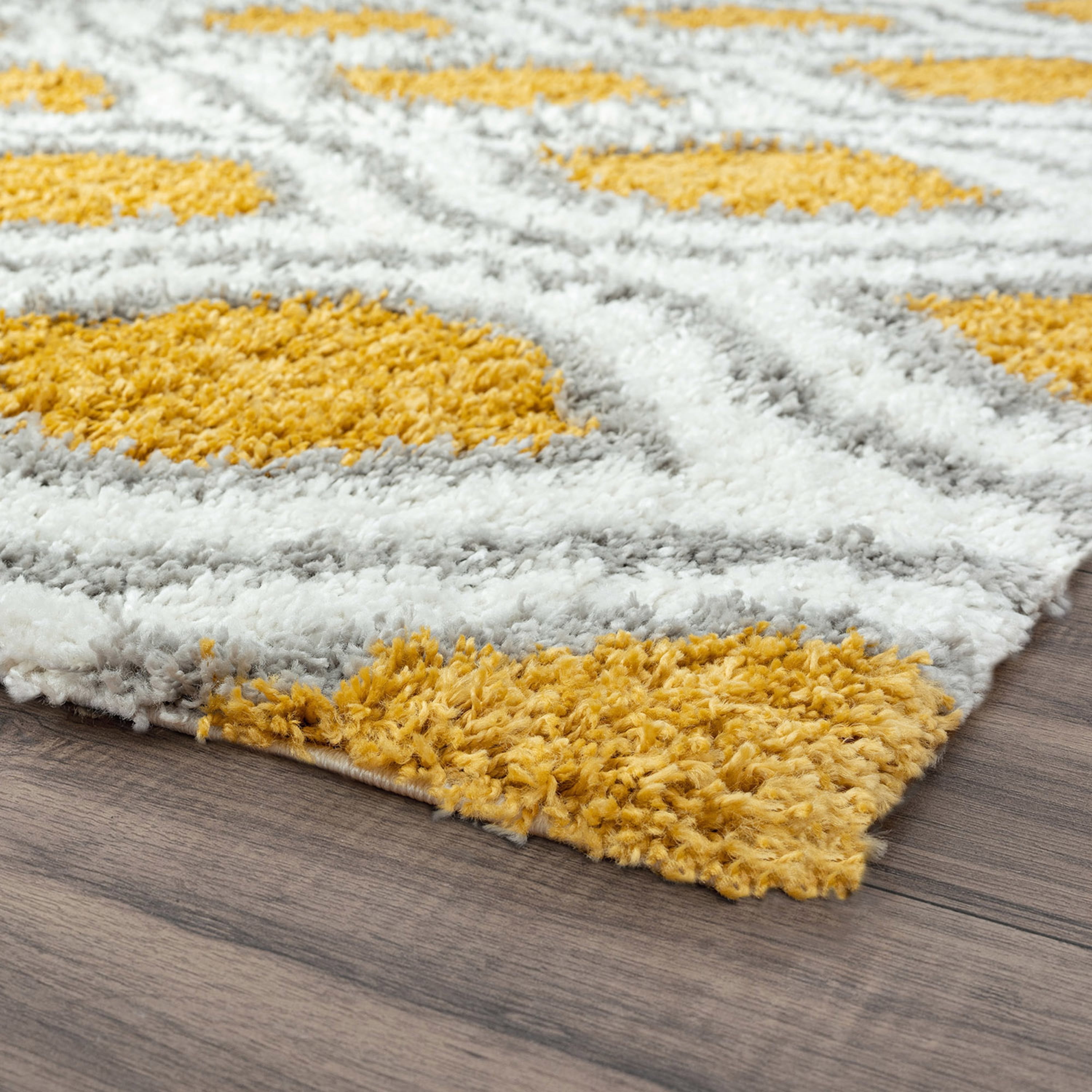 Contemporary 5x8 Area Rug Shag Thick (5'3'' x 7'3'') Geometric Gold, White Living Room Easy to Clean