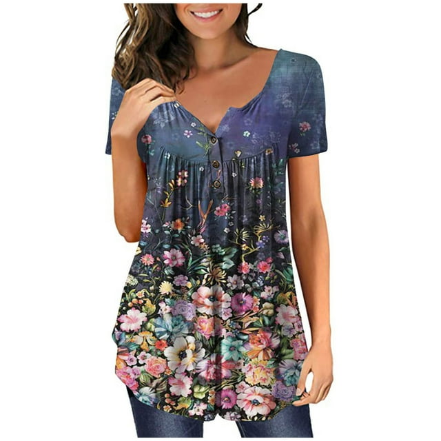 hoksml Vêtements d'Automne pour Femmes 2022 Mode Grande Taille Femme Décontractée Col Rond Imprimé Blouse Manches Courtes T-Shirt Tunique d'Été Hauts Liquidation