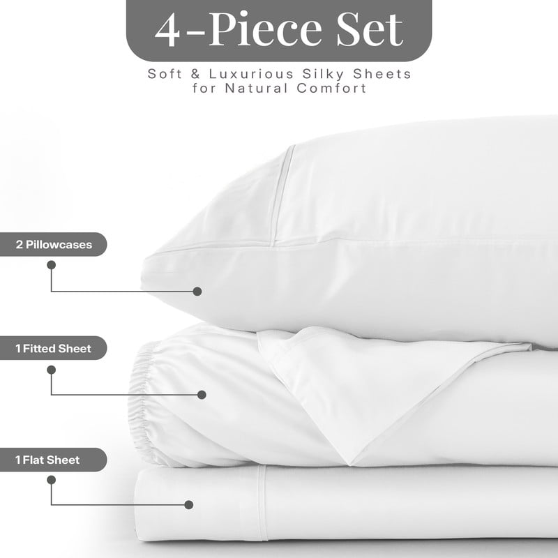 Lux Decor 100% Organic Viscose from Bamboo Queen Sheets Set - 4 Piece Ultra-Soft Luxury Cooling Bed Sheets, 16" Deep Pocket, Breathable & Hypoallergenic - White