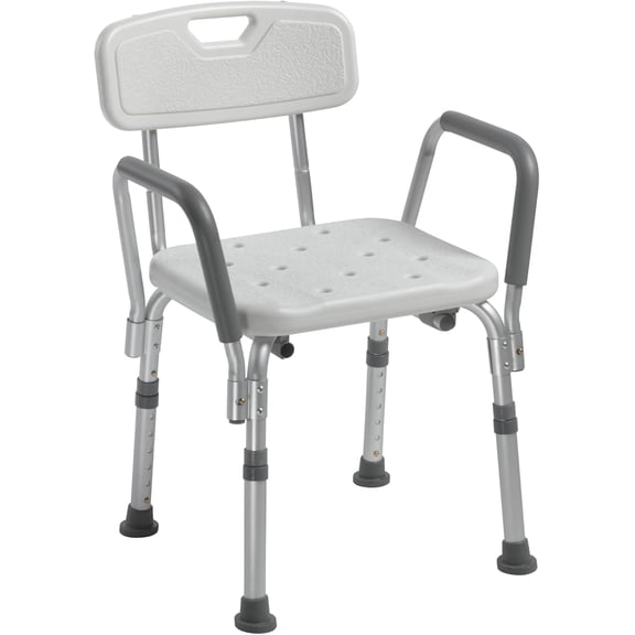 Shower Chair with Back & Padded Arms - Adjustable Height Bath Seat for Safety & Comfort - Lightweight Aluminum Construction- 350 Lb Capacity - White