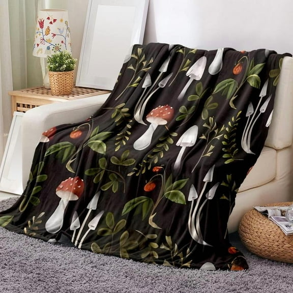 Mushroom Print Flannel Blanket - Soft Cozy Throw for Sofa Bed, Travel & Outdoor Use with Storage Bag, All-Season Breathable Decor Gift