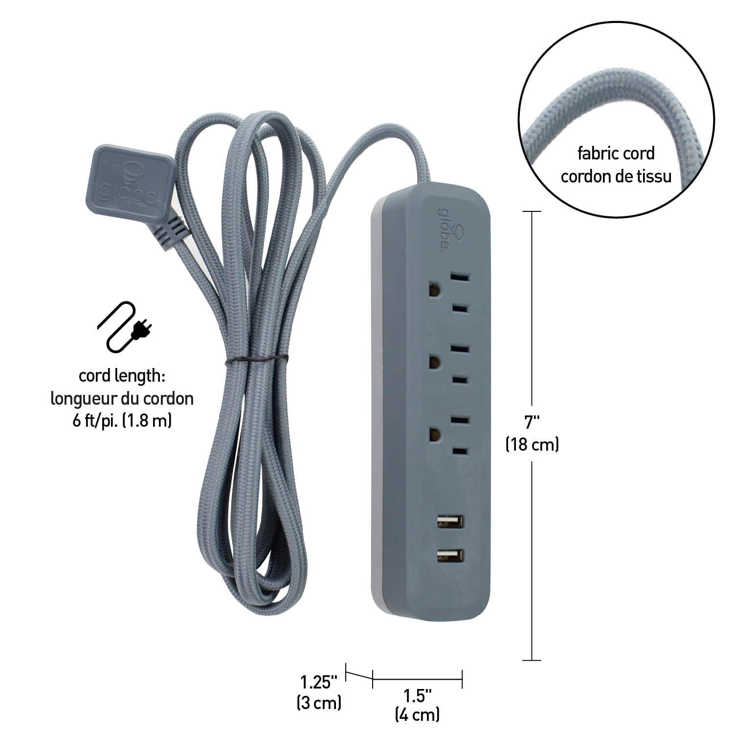 Globe Electric Watt Designer Series 6-ft 3-Outlet Adriatic USB Surge Protector Power Strip