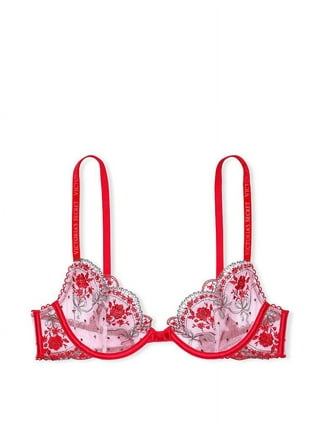 Victoria's Secret LUXE Unlined Appliqué Embroidered Demi Thong Bra Set Red