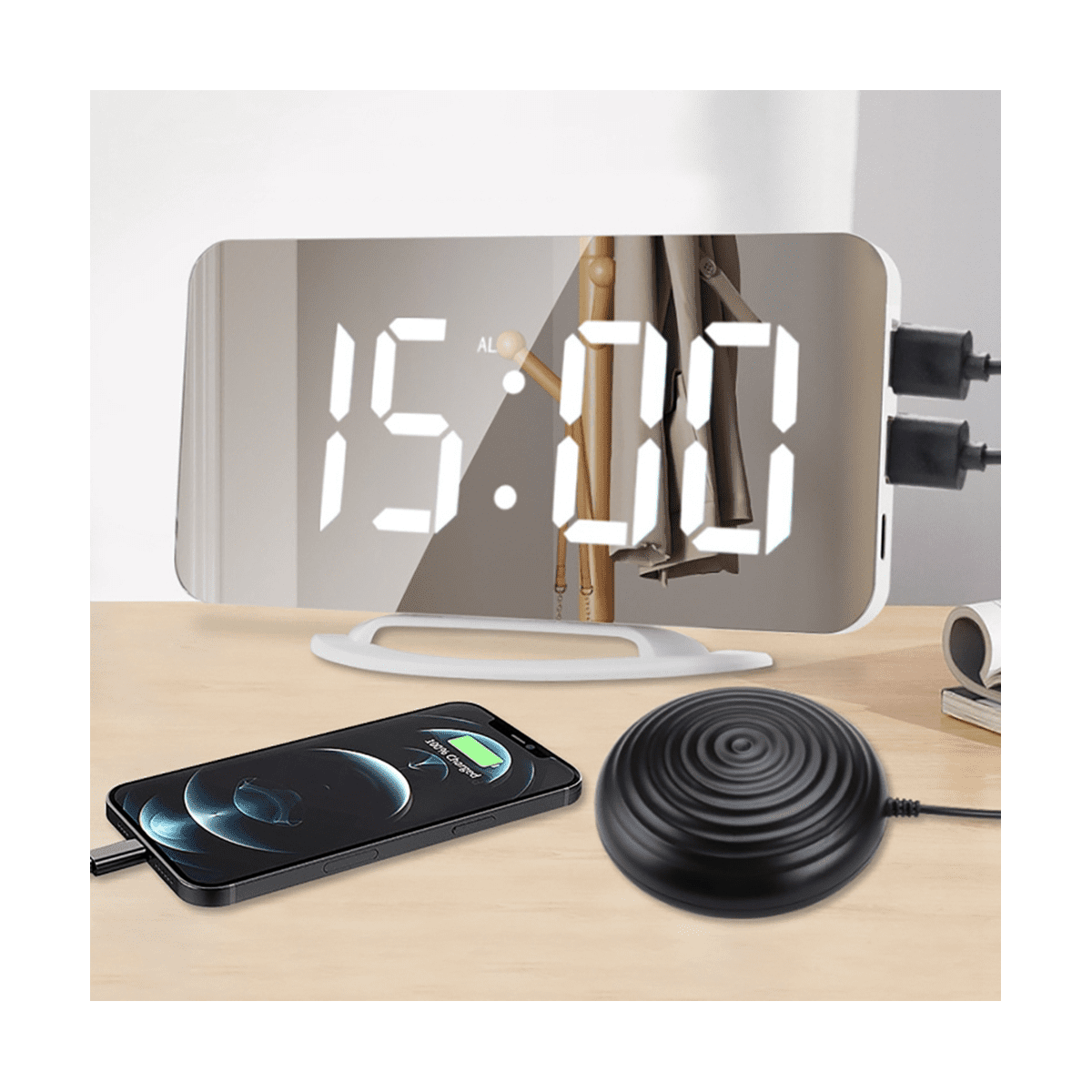 Led Vibration Alarm Clock Multifunctional Dual USB Charging Mute Bedside Luminous for Deaf and Hard of Hearing Snooze