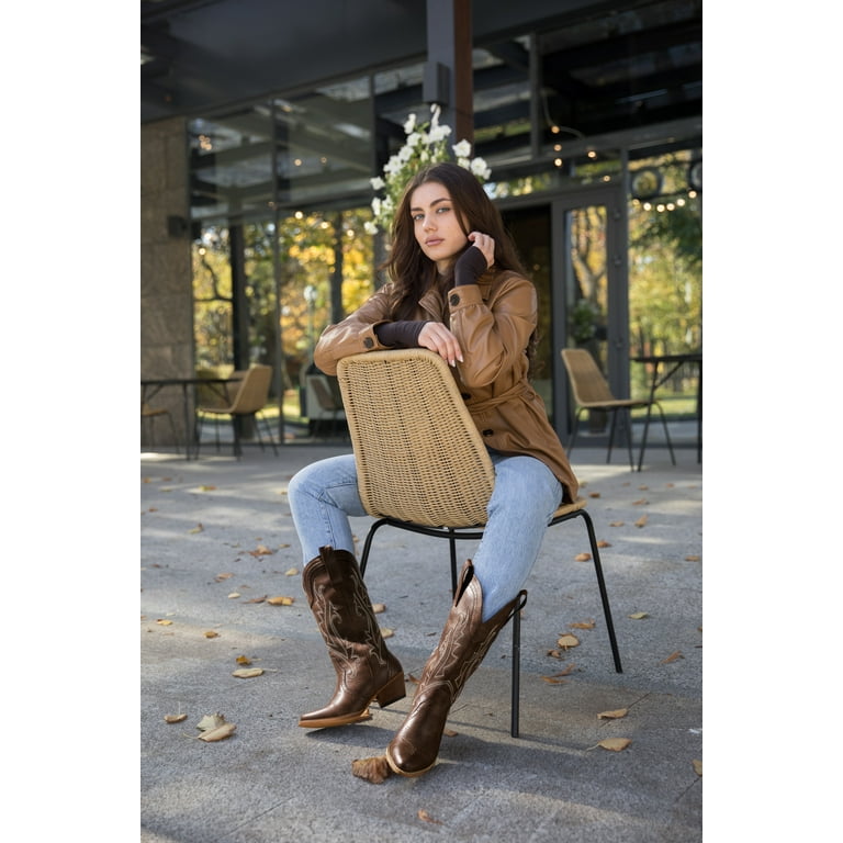 Rollda Cowboy Boots Women Western Boots Cowgirl Boots Ladies Pointy Toe Fashion Boots Women s Size 9.5 Brown