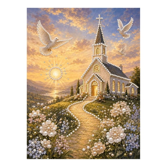DIY Religious Church Scenic Pearl Diamond Painting Kit, Sunrise Hillside Path & White Doves Pearl Mosaic Craft, DIY Floral Garden Home Room Wall Hanging Decor Art for Gifting