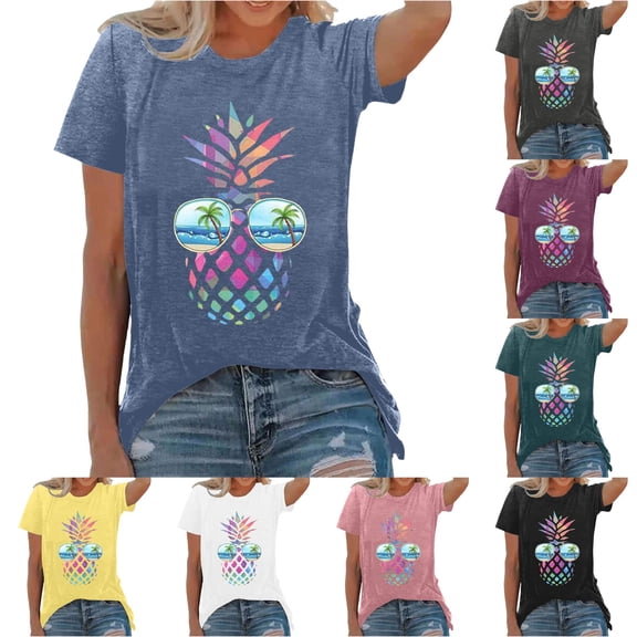 Trendfront Womens Summer Tops Fashion Tee Short Sleeve Crewneck Shirt Vintage Pineapple Graphic Print T-Shirts Casual Vacation Clothing
