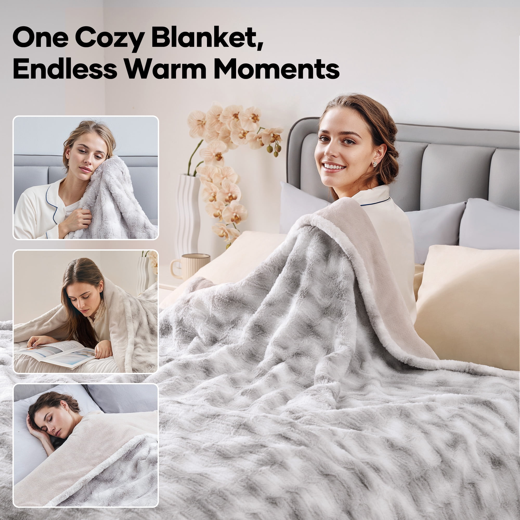 MARNUR Heated Blanket Queen,84"x90" Faux Fur Electric Blanket, Fast Heating with Dual Controllers,10 Heating Levels, 10 Hours Timer, Gray