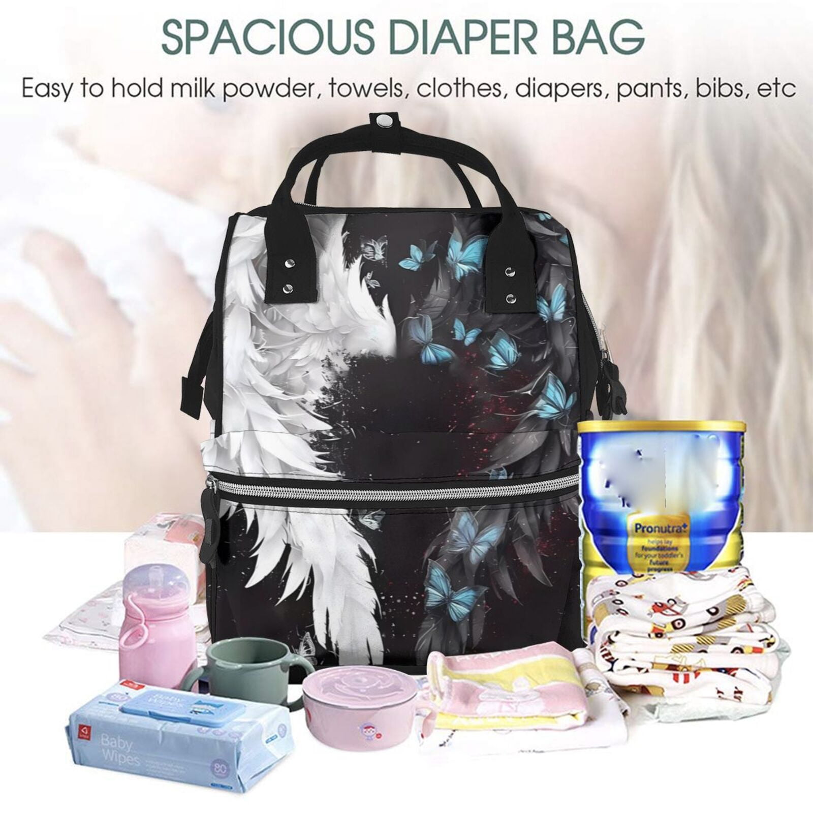 Ratiio Butterfly Angel Wings Art Mummy Backpack - Waterproof Twill Canvas, Large Capacity Diaper Bag with Multiple Pockets and Adjustable Straps