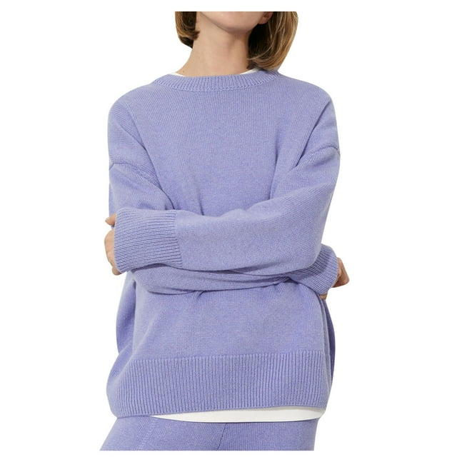 tarylea Hauts d'Hiver pour Femmes Chandail Côtelé Col Rond Manches Longues Couleur Unie Basique Confortable Décontracté