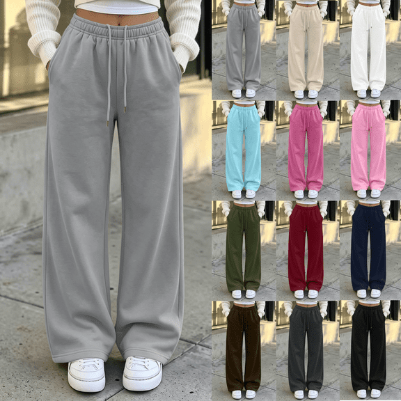Liuinsasek Women's Winnter Casual Comfortable Outdoor Sports Pants Solid Color High Waisted Loose With Drawstring And Pocket Pants Straight Leg Sweat Pants