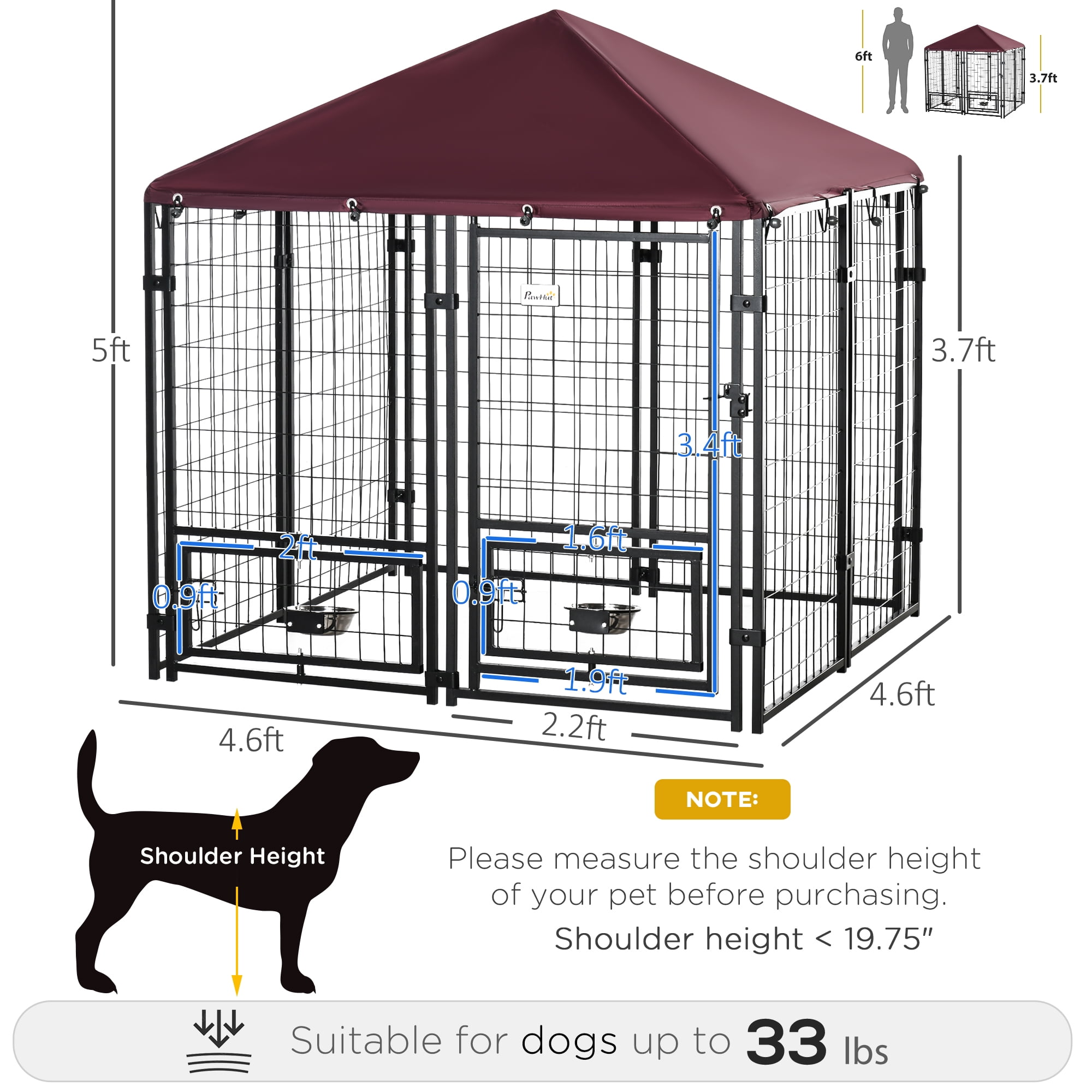 Dog Kennel Outdoor with Rotating Bowl Holders, Walk-in Pet Playpen, Welded Wire Steel Dog Fence with Water-and UV-Resistant Canopy, Black and Red 5' x 5' x 5'