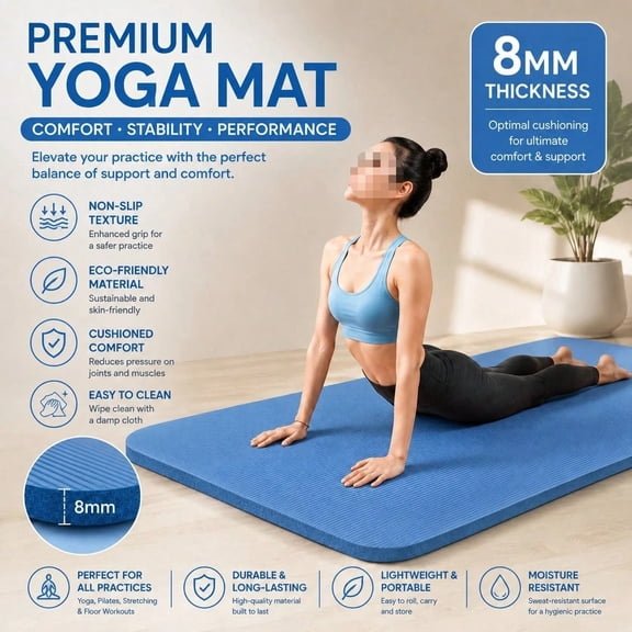 8mm Thick Yoga Mat, Non-Slip Cushioned Exercise Mat for Yoga, Pilates, Stretching & Home Workouts