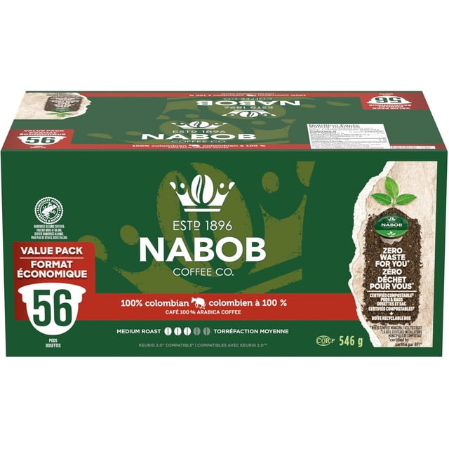 Pack of 2 Nabob 100% Colombian Coffee Certified Compostable Pods, 546 g box. The green packaging highlights the Nabob Coffee Co. logo, medium roast, and compostable pods. Contains 56 coffee pods per box with bilingual English and French text.