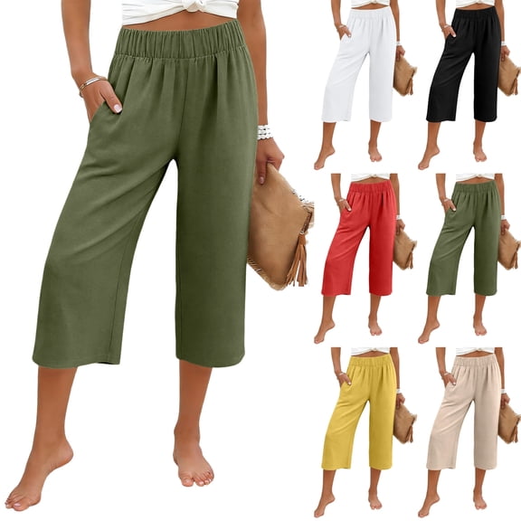 Women's Elastic High Waist Wide Leg Capri Pants Cotton Linen Casual Lounge Cropped Pants Lightweight Breathable with Side Pockets Green M