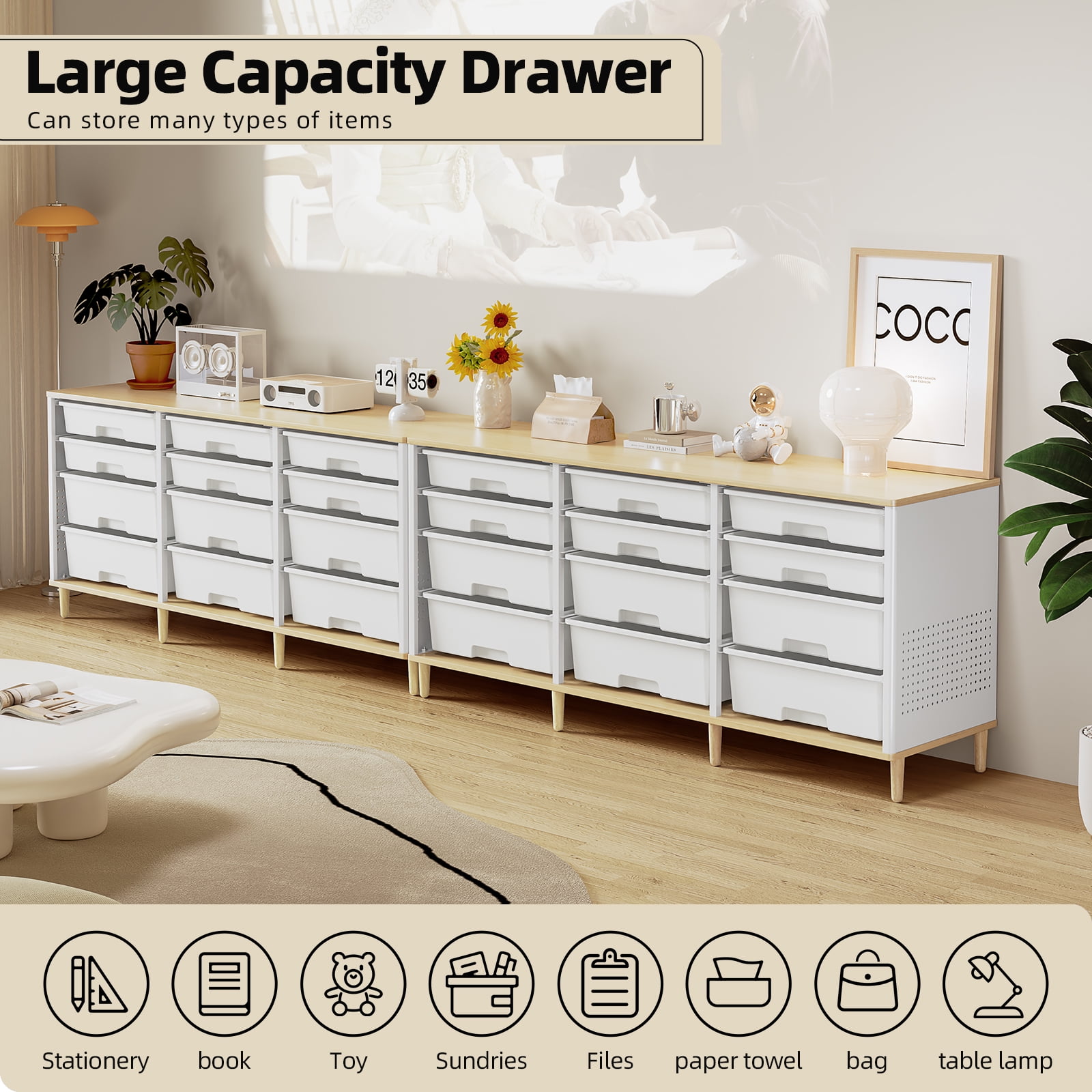 TOOLF Sideboard Storage Cabinet with 12 Drawers , for 32-45'' TV Stand , Fluted Modern Buffet Cabinet for Living Room, Bedroom , School