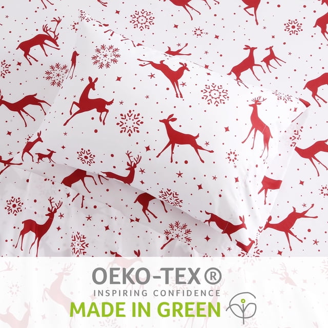 Ultra Soft Christmas Bed Sheet Set King Size - Brushed Microfiber, Cozy Red Reindeer & Snowflake Print, Deep Pocket Fitted Sheet, 4 Pillowcases -Warm Holiday Bedding, 108"x102"/78"x80"+16"/20"x40" (2