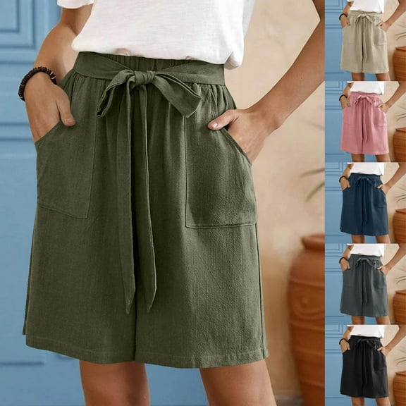 QATAINLAV Bermuda Shorts for Women Bowknot Tie Drawstring High Waisted Lounge Shorts 2025 Summer Knee Length Wide Leg Shorts with Pockets Army Green XXL Ofertas de Hoy en Liquidación