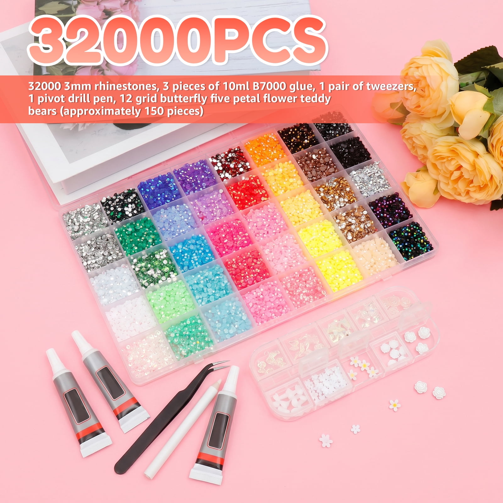 Threns 40 Colors Resin Rhinestone for Bedazzling 0.12in 32000 Pcs Flatback Rhinestone for Crafting Bedazzling Kit with 3Pcs B7000 Glue for Clothing Shoes Nail Book Diamond Art