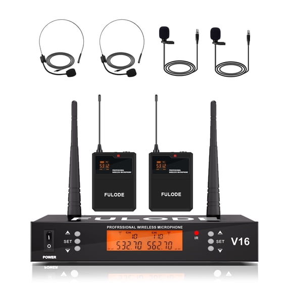2 Channel Wireless Lapel Microphone, Set of 2 Headset & Lavalier Mics with 200 Adjustable Frequency UHF Metal Receiver, 300ft Range Microphone System for Church, Karaoke, Preaching, Wedding
