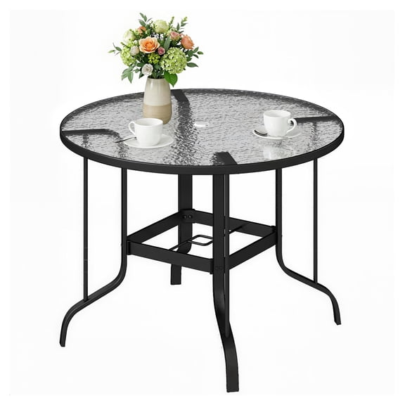 38" Round Patio Table with Umbrella Hole, Tempered Glass Outdoor Dining Table, Black - Metal Base, 4-Person, Garden Furniture