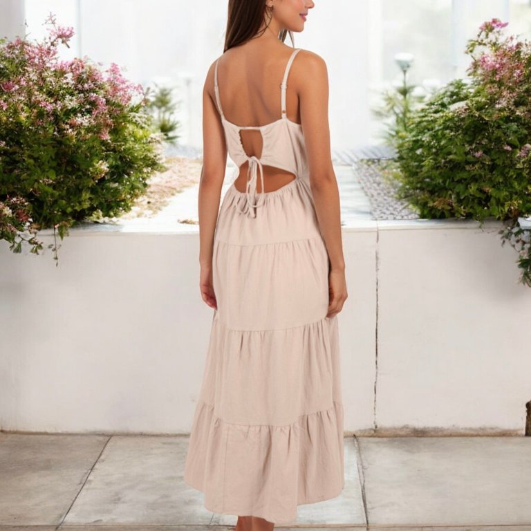 Women's Spaghetti Strap Tiered Maxi Dress with Square Neckline and Flowy  Skirt- Large, Beige - Walmart.com