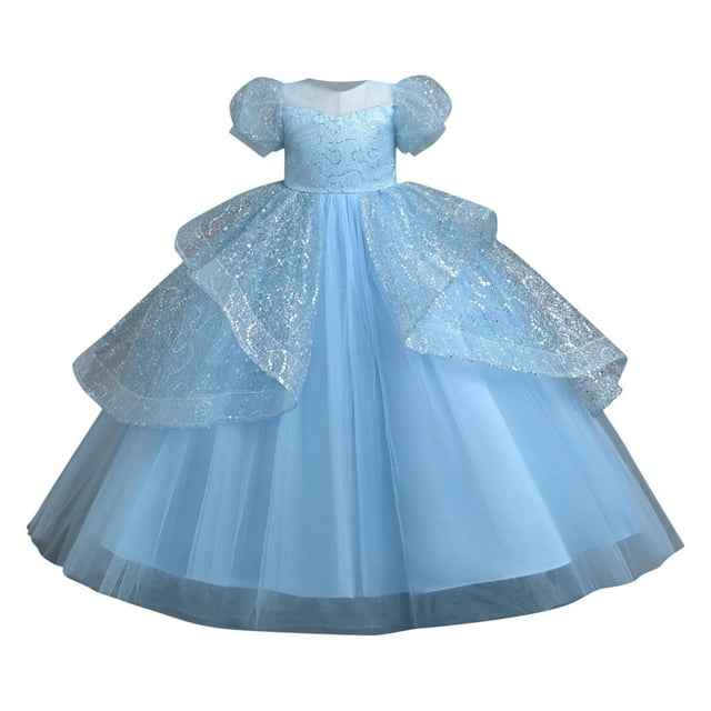 MeetoTime Girls Princess Dress Puffy Sleeve Ruffled Lace Round-Neck Embroidery Mesh Formal Performance Dresses 7-13 Years Children Clothes